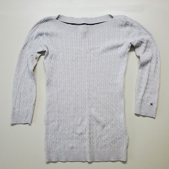 Tommy Hilfiger Women's Oatmeal Light Grey Cable Knit Pima Cotton Sweater XS - Picture 1 of 4